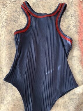 MOTHER Navy Ribbed Top with Red Trim